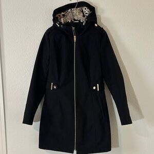 Via Spiga Black Hooded Coat – Size S, Zip Front, Leopard‎ Print Lining